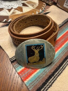 Men's Johnson & Held Silver Deer w/ Turquoise Inlay Buckle + Brown Leather Belt